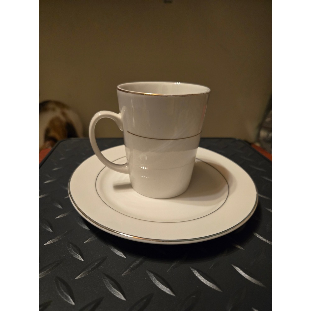 Gibson Everyday White Ceramic Coffee Mug and Saucer Set Gold Rim Accent China